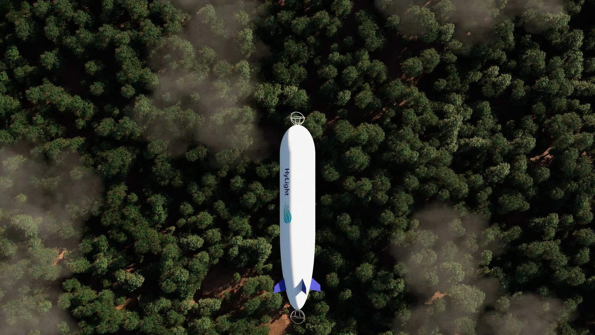 Aerial view of a white Hylight airship flying over a dense forest, from the Hylight website by Junca Studio